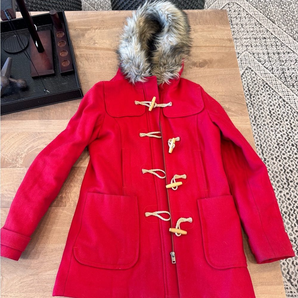American Eagle Red Puffer Jacket with Faux Fur Hood